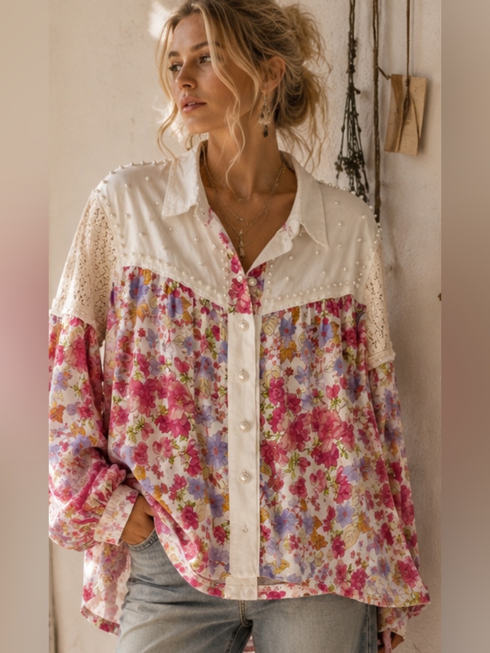 Sold 🌟177🌟 POL Los Angeles Pearl & Floral Lace Blouse | Romantic Boho Cottagecor